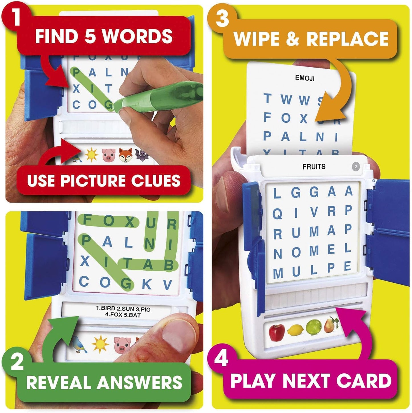 P for Pizza box and game components including category cards and triangular answer tiles arranged for display