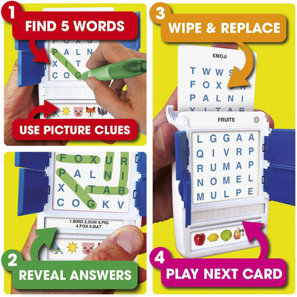 P for Pizza box and game components including category cards and triangular answer tiles arranged for display