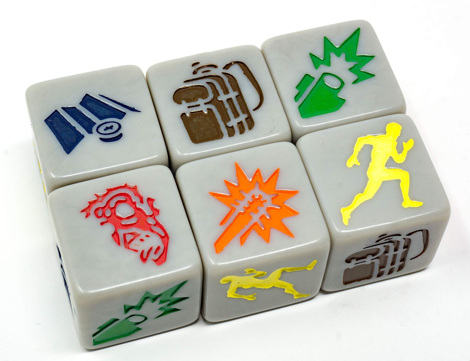 Six grey game dice show coloured symbols: a satellite, backpack, punching fist, dragon, explosion, and running person.