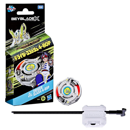 Beyblade X Driger Slash 4-80P toy set: white spinning top, black/white launcher and box