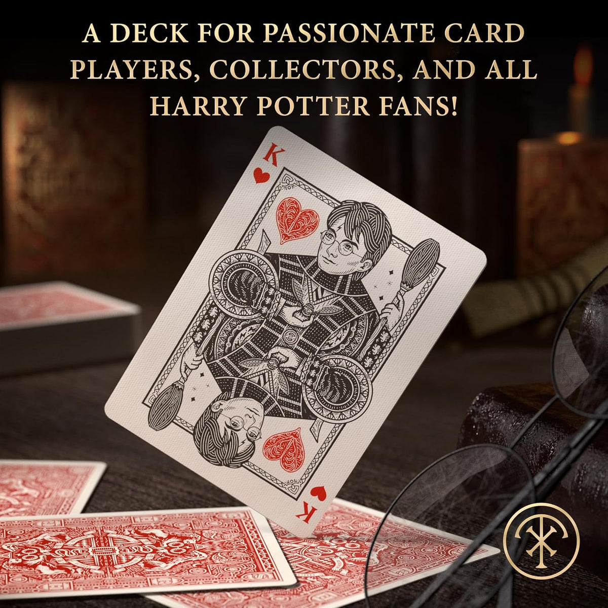 A Harry Potter King of Hearts playing card, showing Harry with a broomstick, floating above other red cards on a dark table