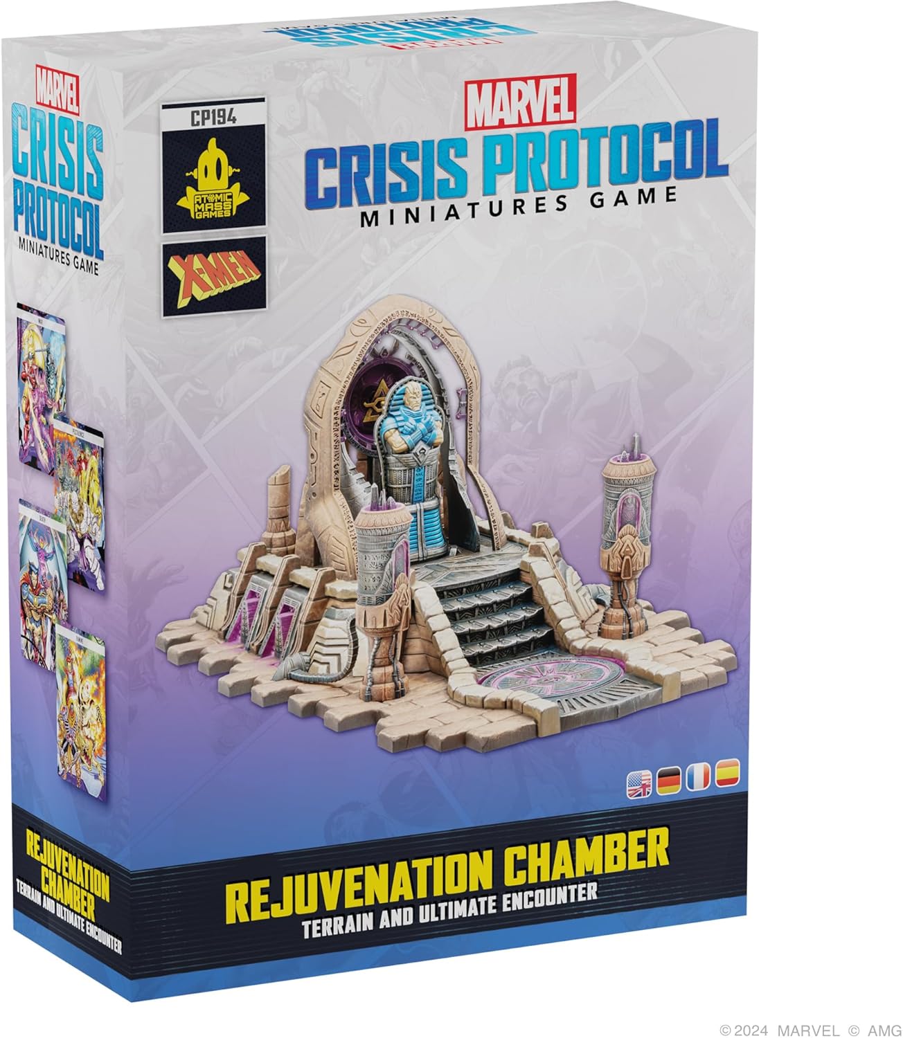 Marvel Crisis Protocol X-Men Rejuvenation Chamber box, showing an ornate terrain piece with a figure inside