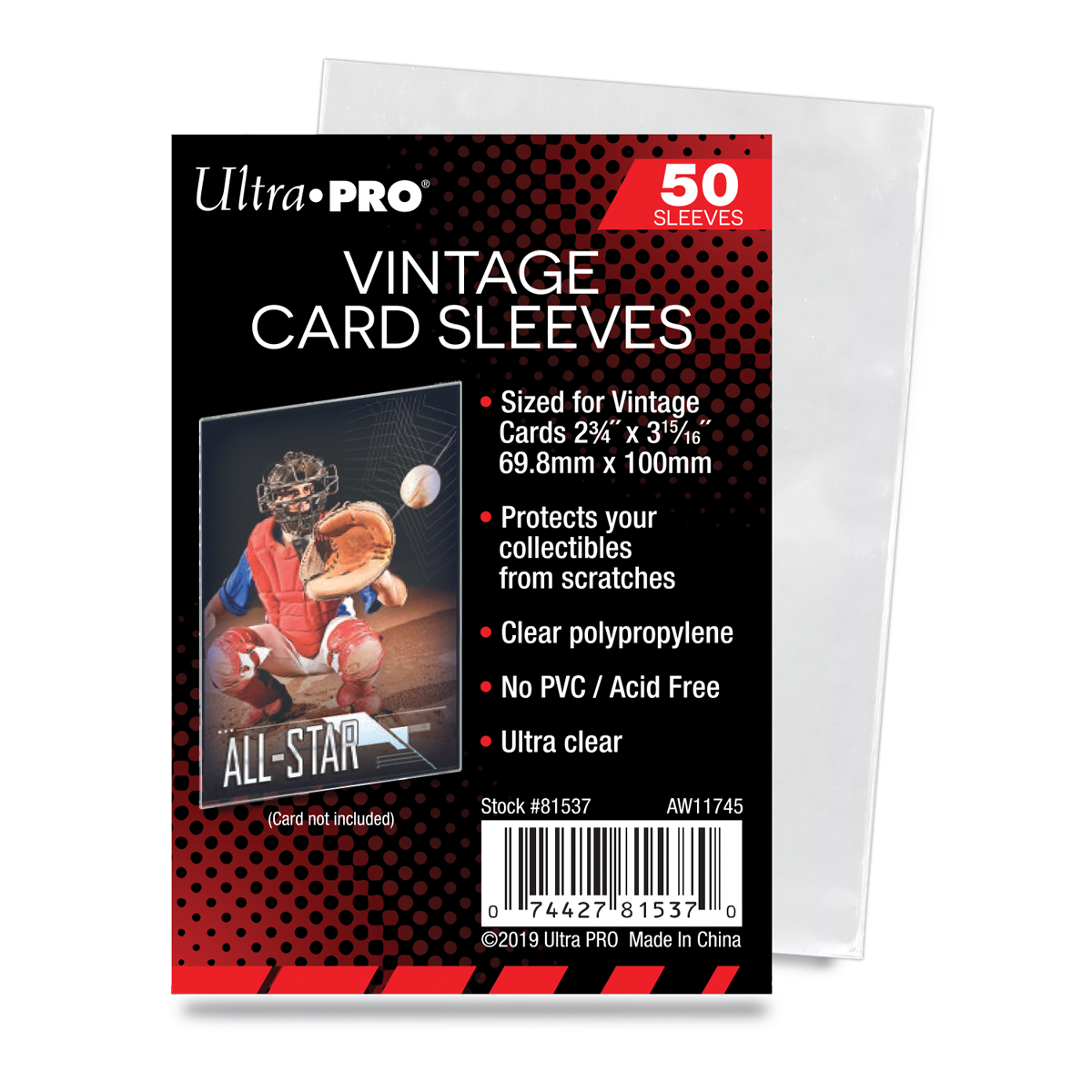 Ultra-PRO Vintage Card Sleeves, 50 count. Black packaging with text, features a baseball catcher on a sample card