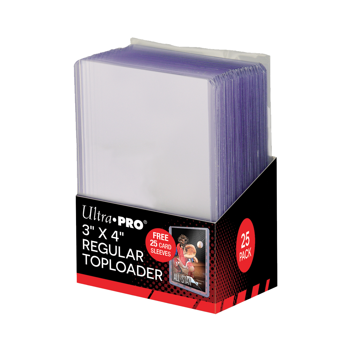Ultra PRO 3x4 regular toploaders (25-pack), with free card sleeves in a black and red box
