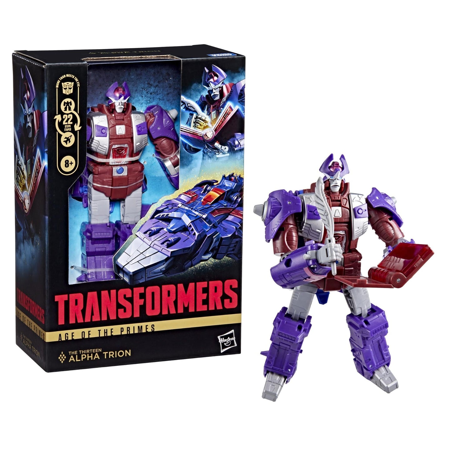 Transformers Alpha Trion figure (purple/maroon) holding a sword and book, beside its retail box