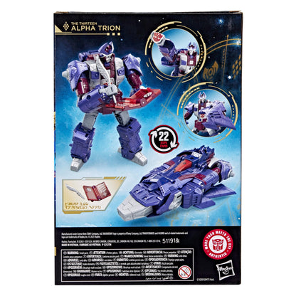 Alpha Trion Transformers figure in robot mode holding a quill and its purple futuristic spacecraft mode