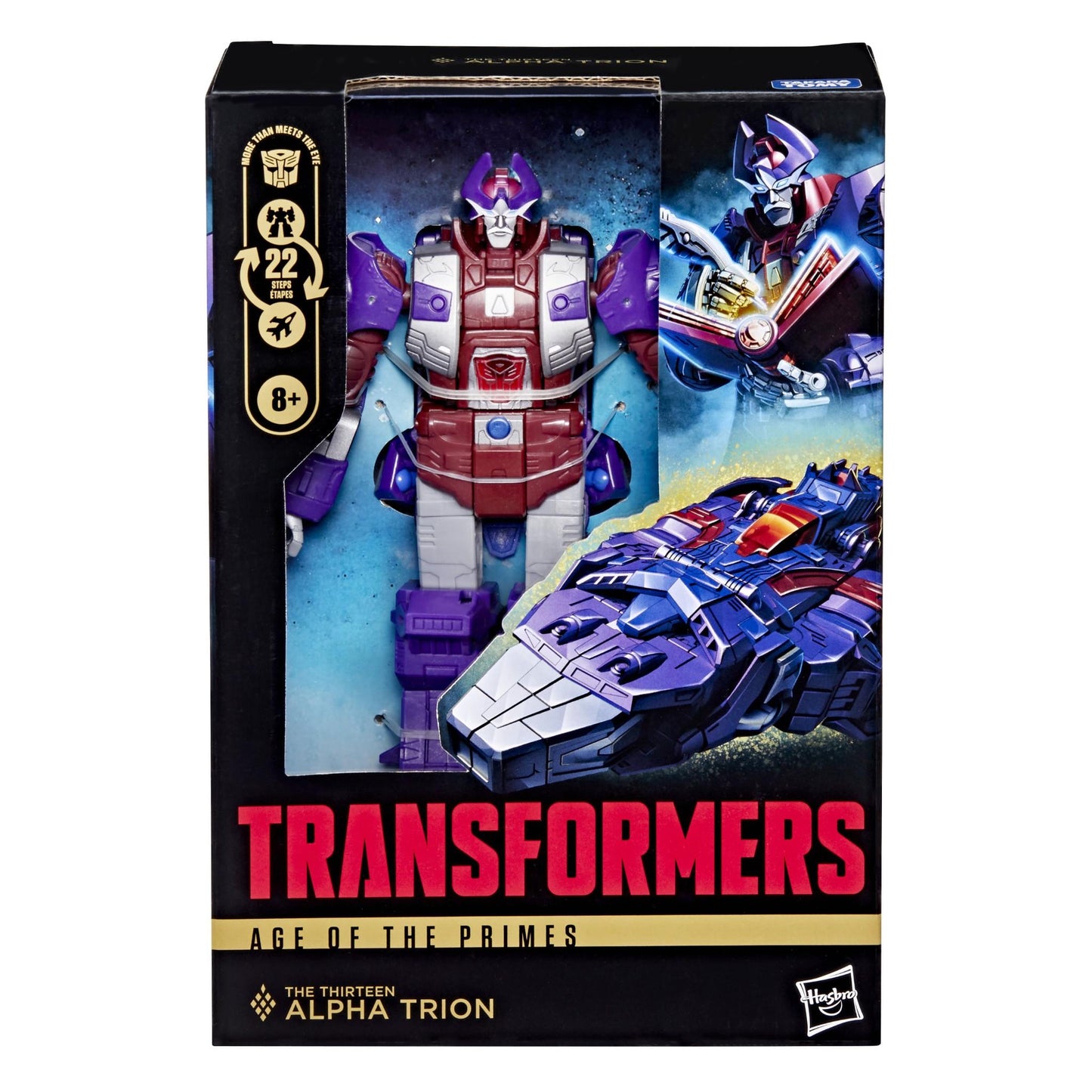 Boxed Transformers Age of the Primes Alpha Trion action figure (purple and red robot) and spacecraft mode art