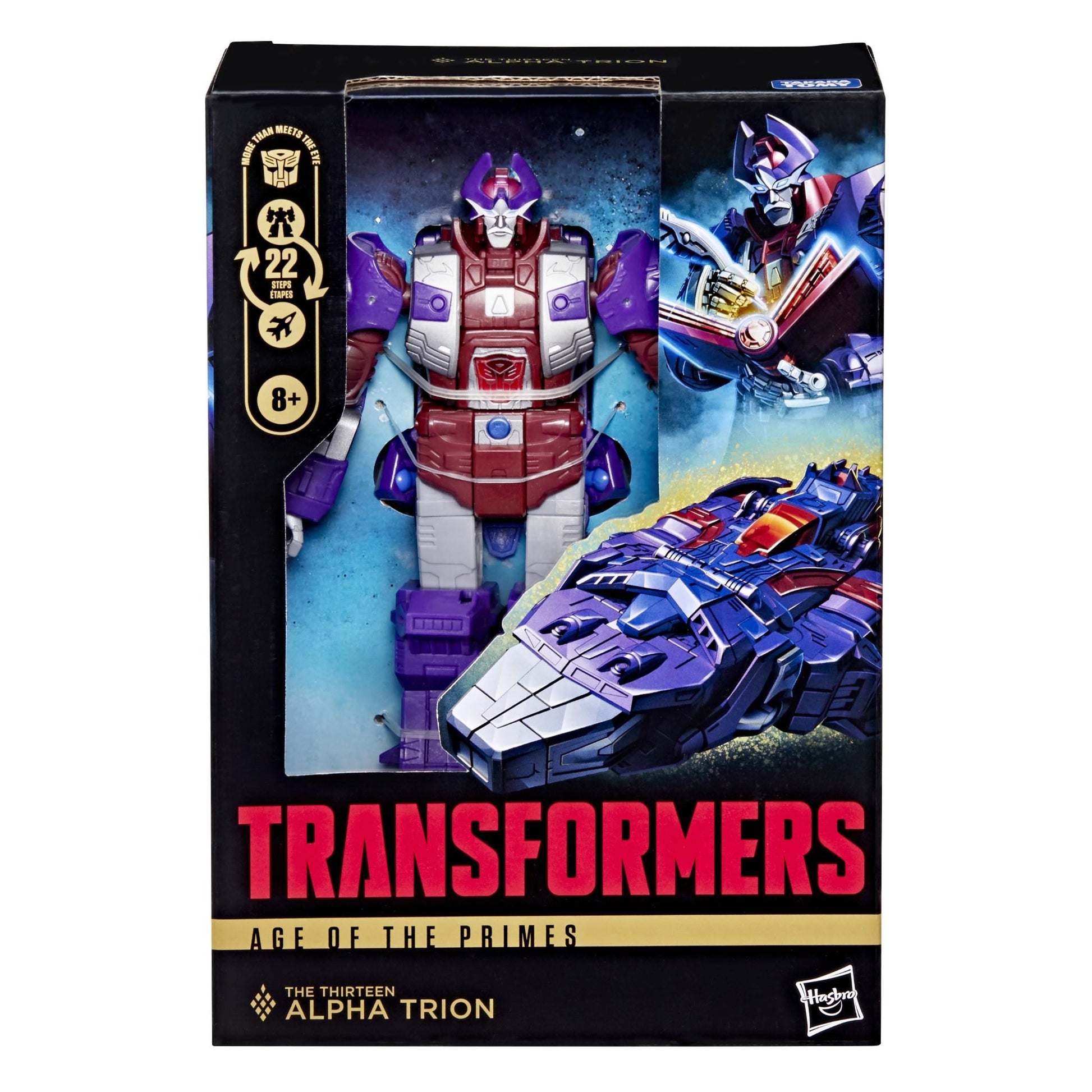 Boxed Transformers Age of the Primes Alpha Trion action figure (purple and red robot) and spacecraft mode art