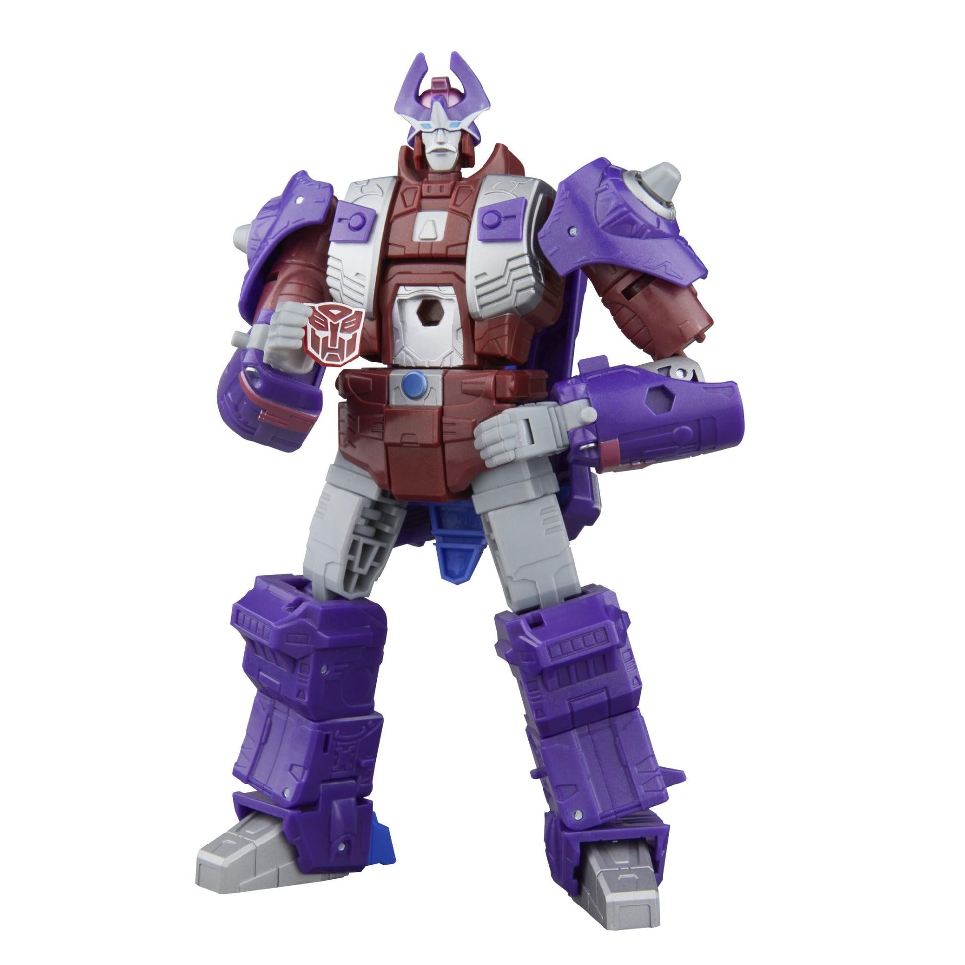 Purple and maroon robot figure (Galvatron) holding a clear sticker with the Autobot faction symbol