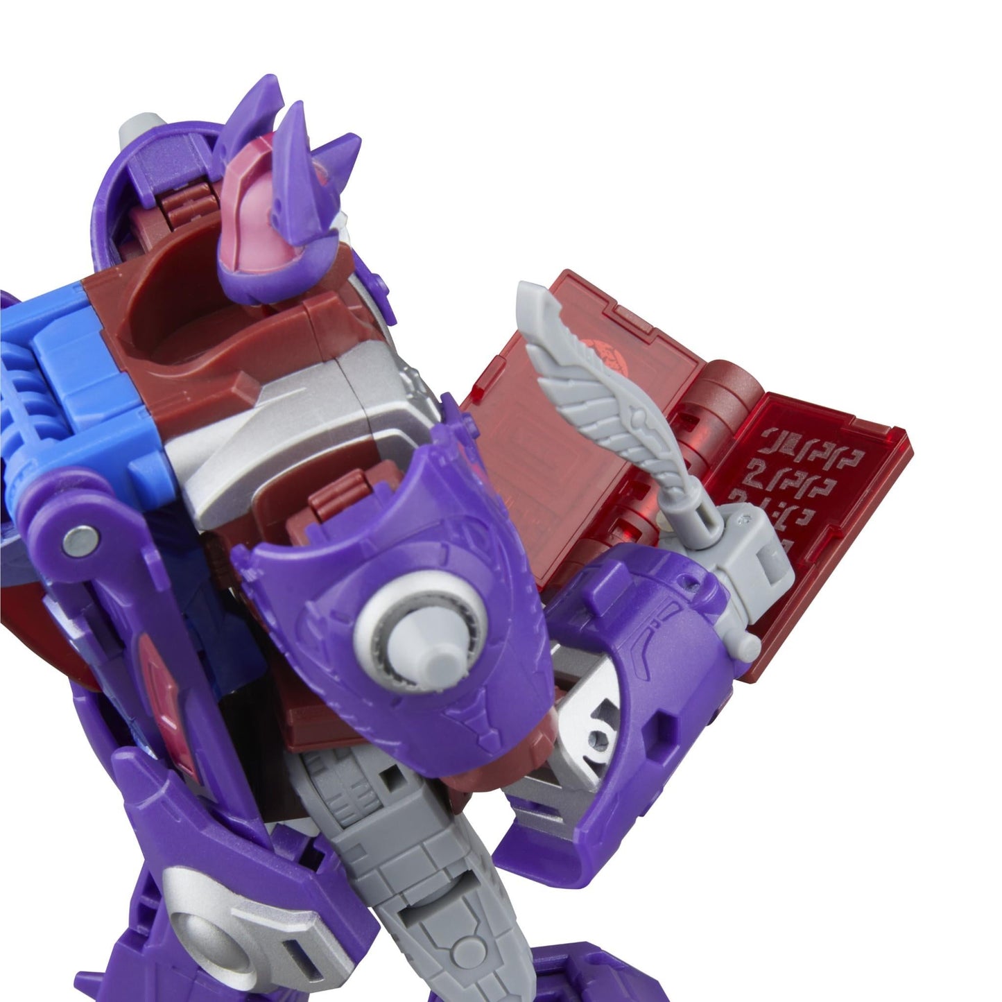 Purple and blue robot figure writing in a red translucent tablet with a gray quill accessory