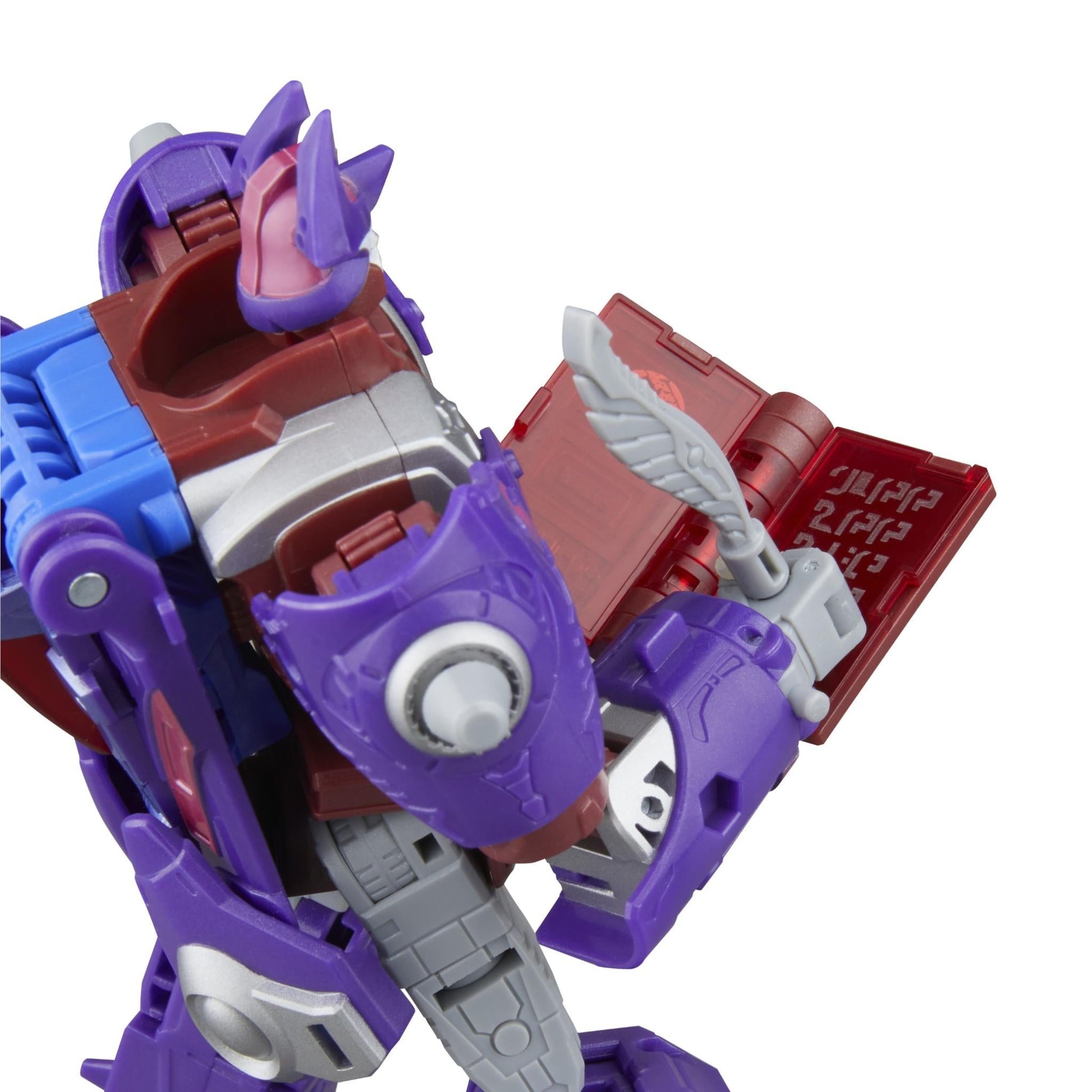 Purple and blue robot figure writing in a red translucent tablet with a gray quill accessory