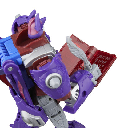 Purple and blue robot figure writing in a red translucent tablet with a gray quill accessory