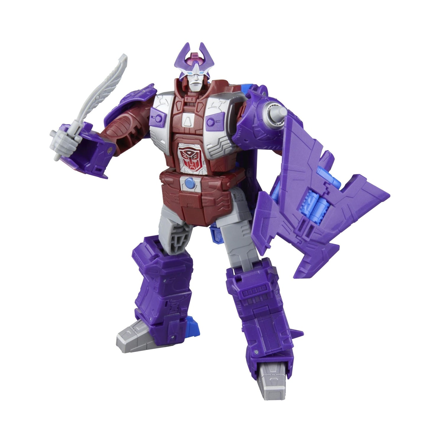 Purple and maroon robot action figure holding a feather sword and shield, posed for battle