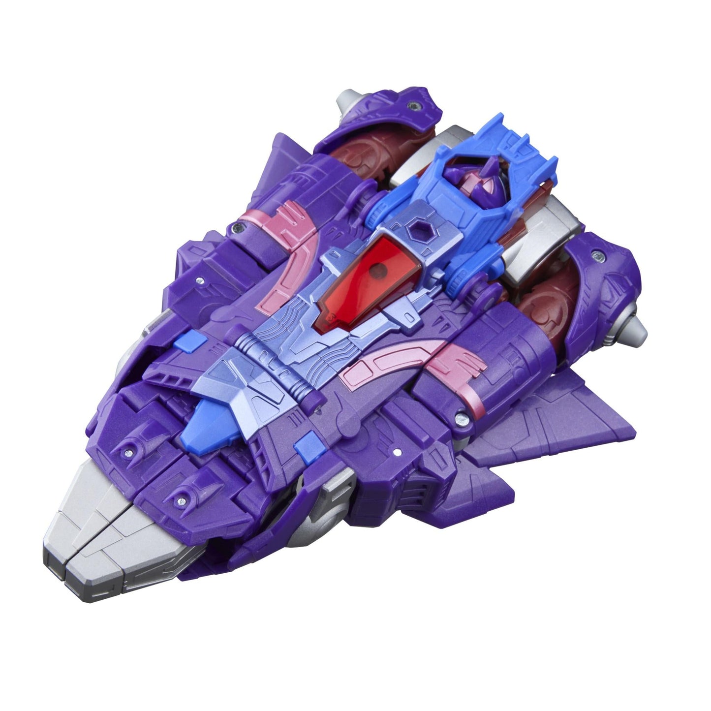Detailed purple and blue transforming spaceship toy with a red cockpit