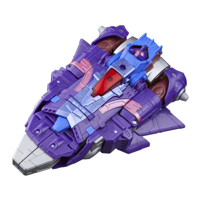 Detailed purple and blue transforming spaceship toy with a red cockpit