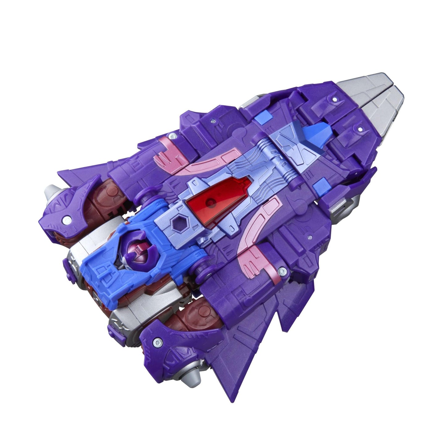 Purple and blue transforming robot toy in futuristic jet mode with a red canopy, isolated on white
