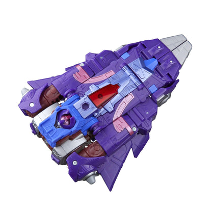 Purple and blue transforming robot toy in futuristic jet mode with a red canopy, isolated on white