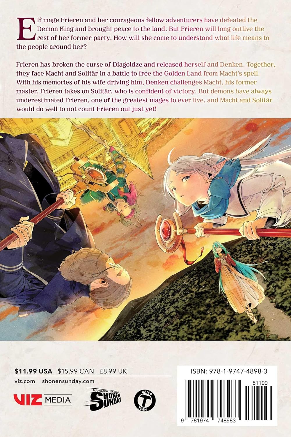 An elf mage Frieren, holding a staff, looks up with other mages and demons in a magical, inverted city landscape with an orange sky