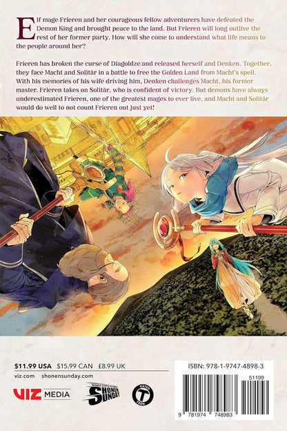 An elf mage Frieren, holding a staff, looks up with other mages and demons in a magical, inverted city landscape with an orange sky