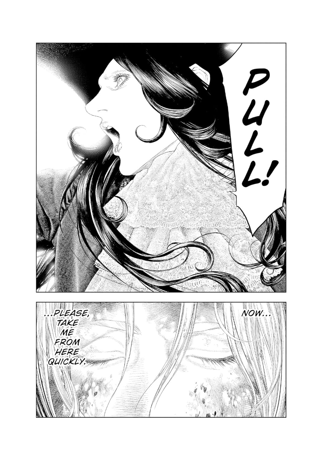 Manga: A woman with long hair screams "PULL!" Her eyes are closed -  thinking -  "PLEASE -  TAKE ME FROM HERE QUICKLY NOW..."