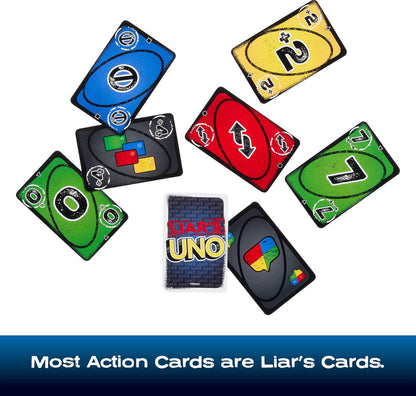 Collection of UNO Liar's action cards: blue Skip, yellow Draw 2, red Reverse, green 7, and black Wild cards