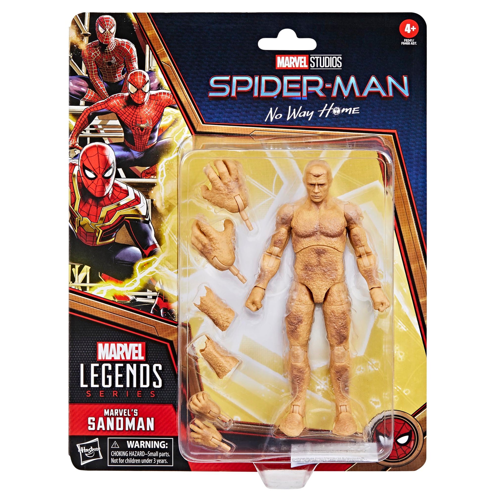 Marvel Legends Sandman action figure, tan and textured, in a blister pack with interchangeable parts. Spider-Man No Way Home