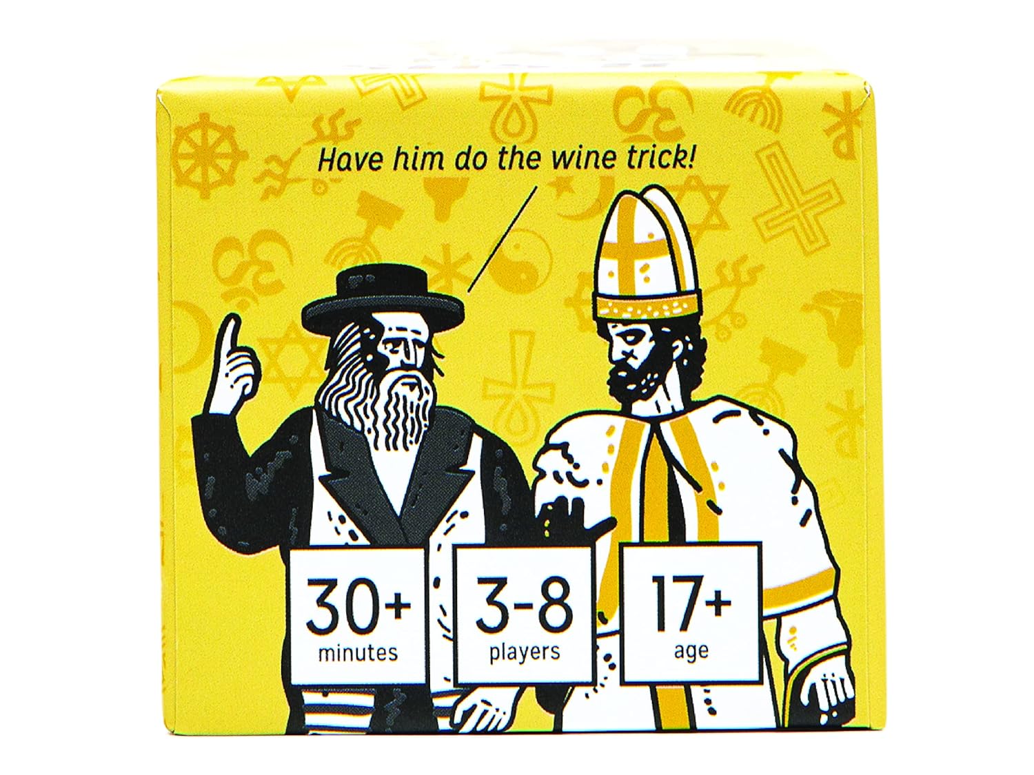 Game box: Cartoon Jewish man points at a bishop, with 'Have him do the wine trick!' in a speech bubble