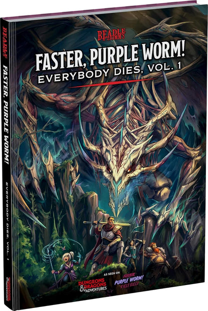 Cover art for "Faster, Purple Worm! Everybody Dies, Vol. 1": adventurers confront a colossal, skeletal purple worm