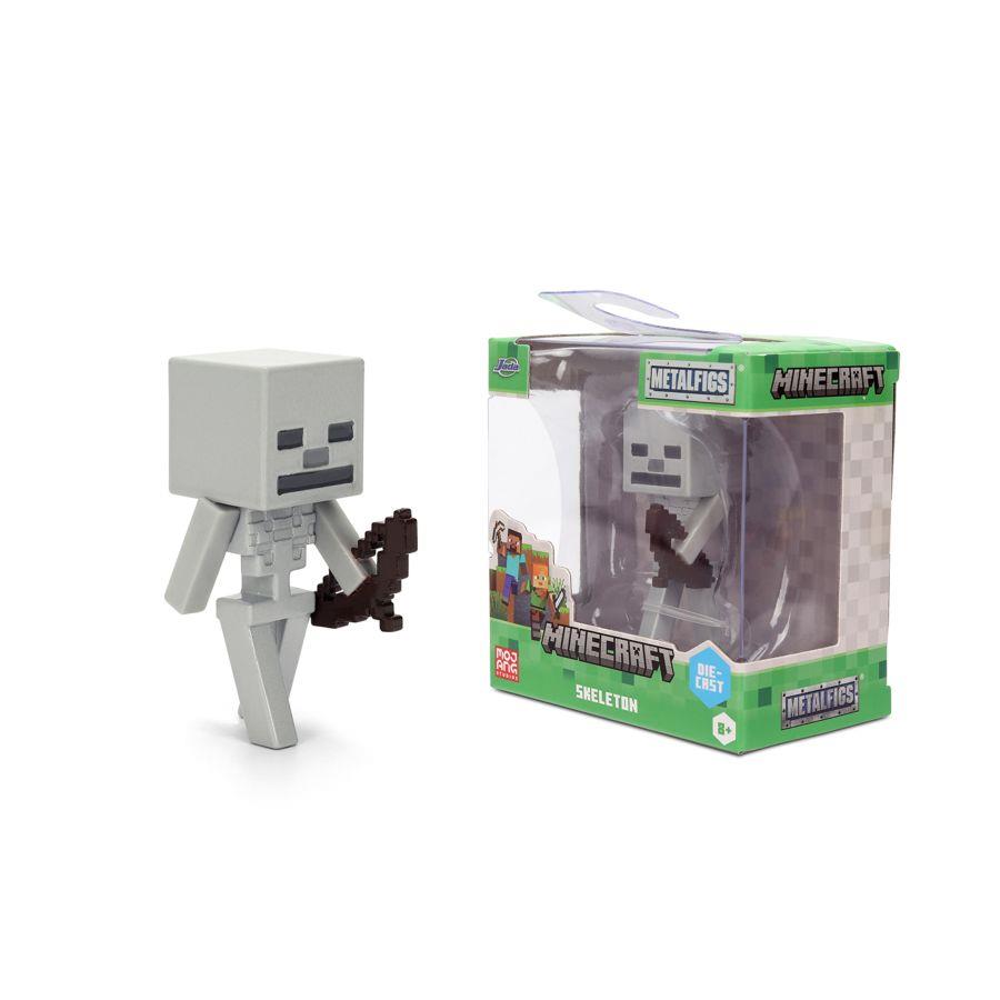 Minecraft Skeleton toy figure holding a bow, shown loose and packaged in a Metalfigs die-cast box