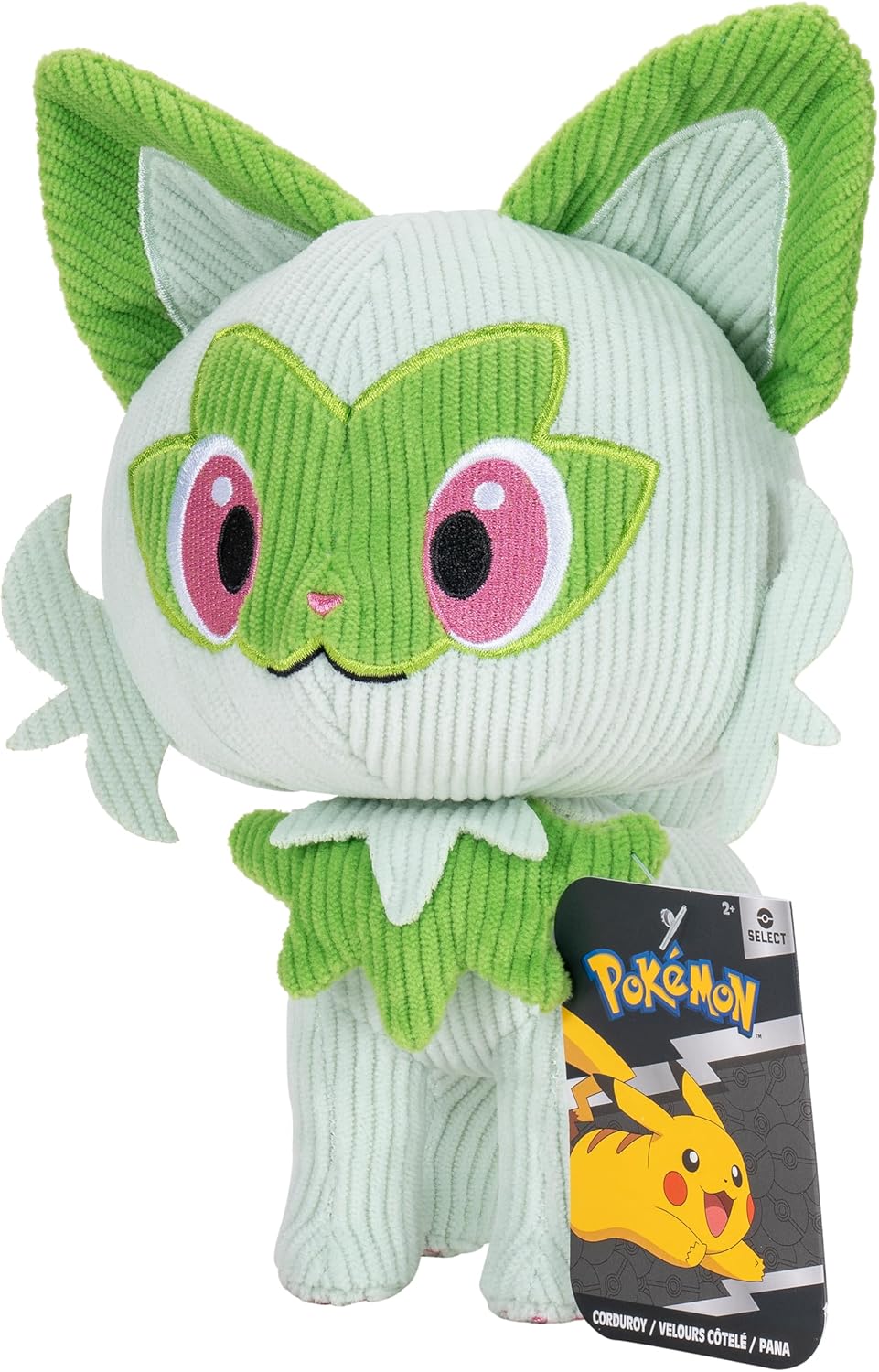 Corduroy plush toy of the green and white Pokemon, Sprigatito, standing with a product tag attached