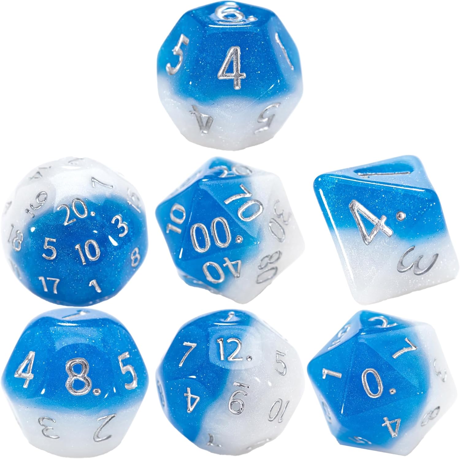 Seven glittery blue and white gaming dice with silver numbers