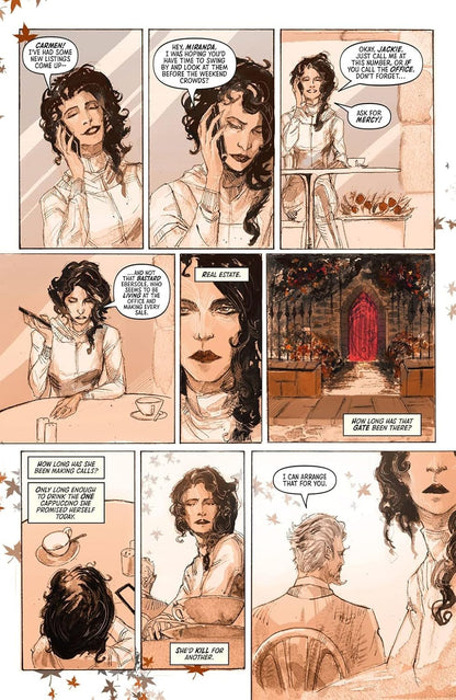 A dark-haired real estate agent makes calls across comic panels -  looking focused and tired