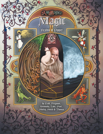 Ars Magica Magic Realms of Power sourcebook cover featuring a central wizard with a white cat surrounded by scenes of a forest an angel soldiers a dragon and a demon