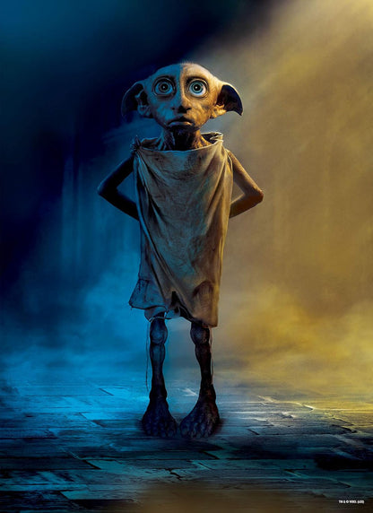 Dobby the house-elf stands, looking up with wide, blue eyes, wearing a tattered pillowcase. Backlit by blue and yellow light