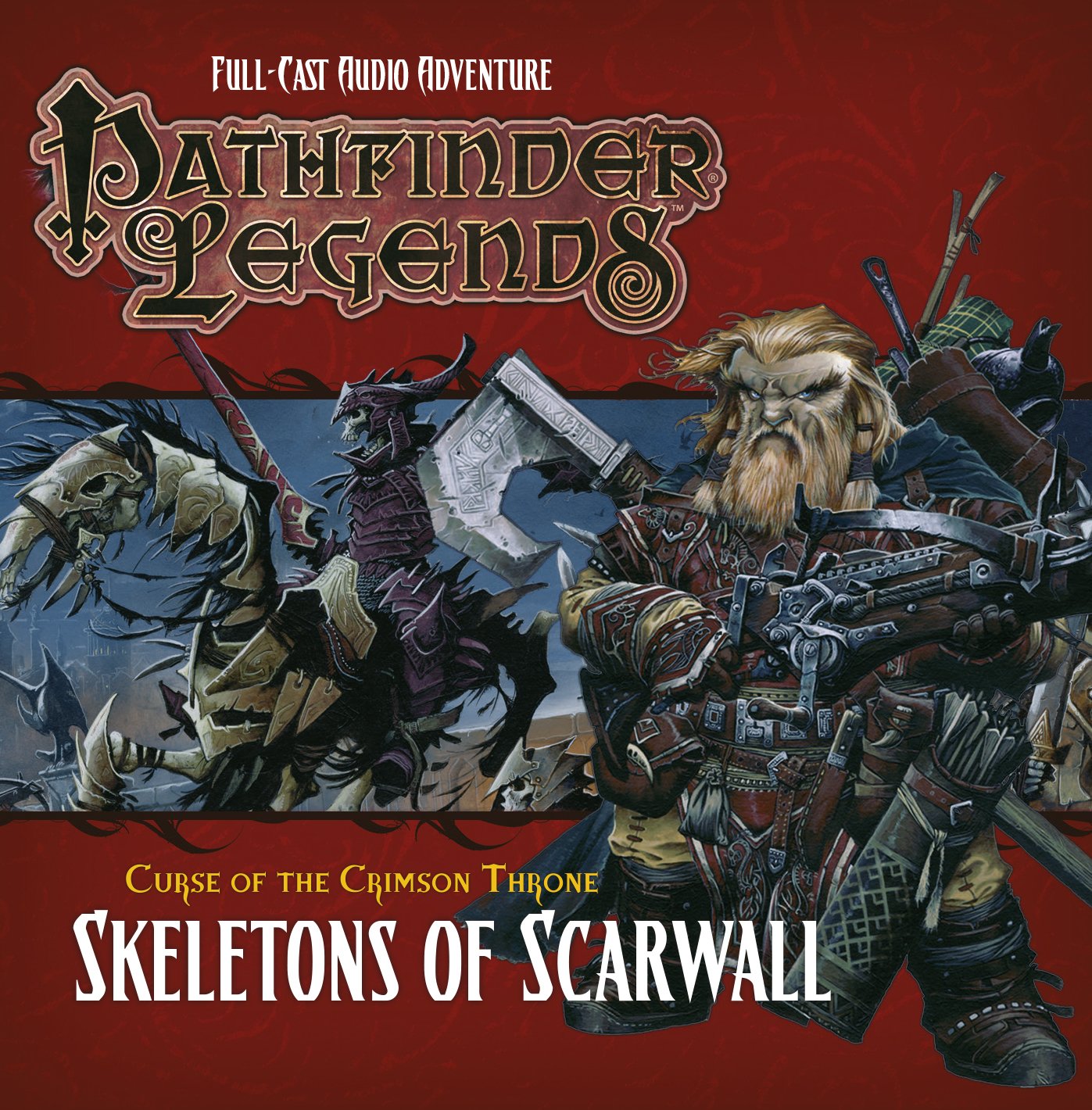 A bearded dwarf with a crossbow stands ready against charging skeletal riders. "Pathfinder Legends" cover.