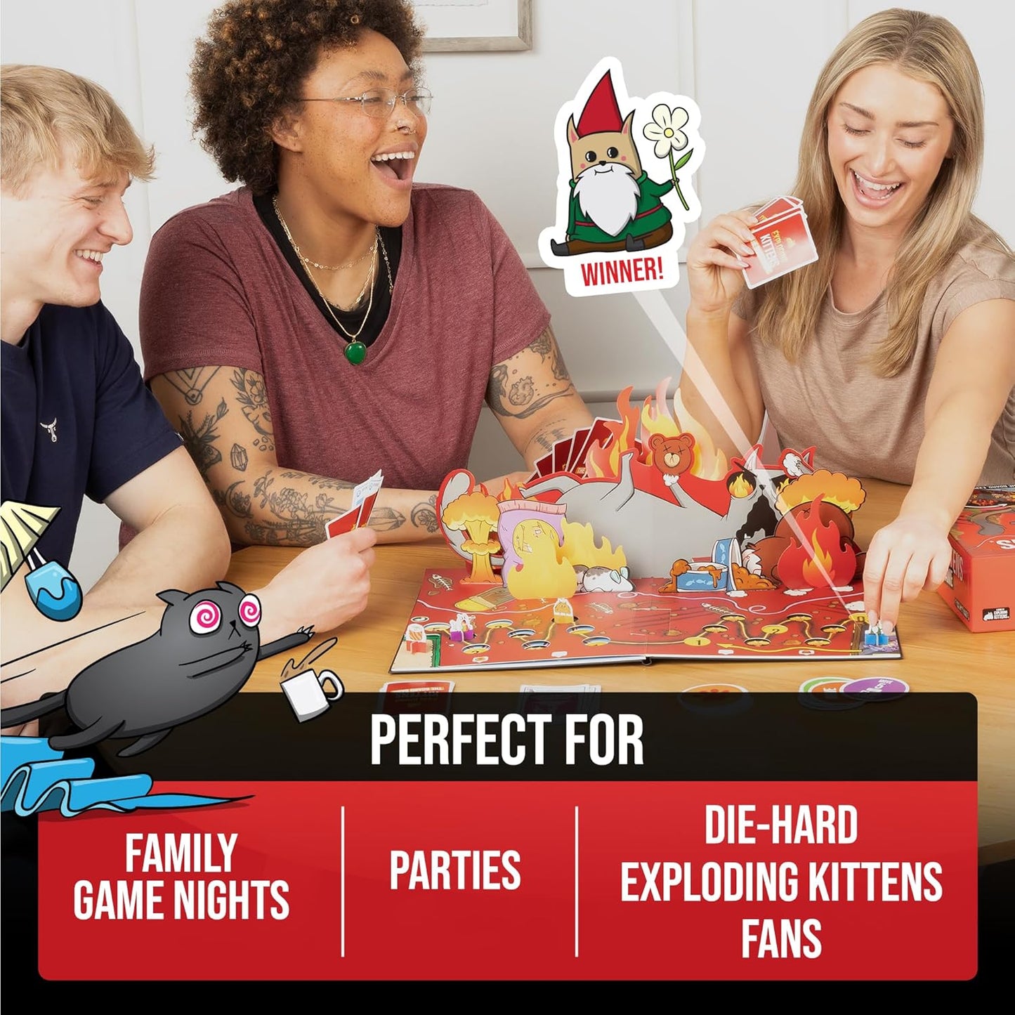 Three friends laugh excitedly while playing a colorful, chaotic Exploding Kittens board game