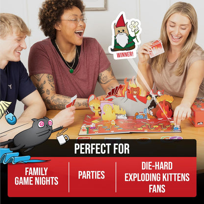 Three friends laugh excitedly while playing a colorful, chaotic Exploding Kittens board game