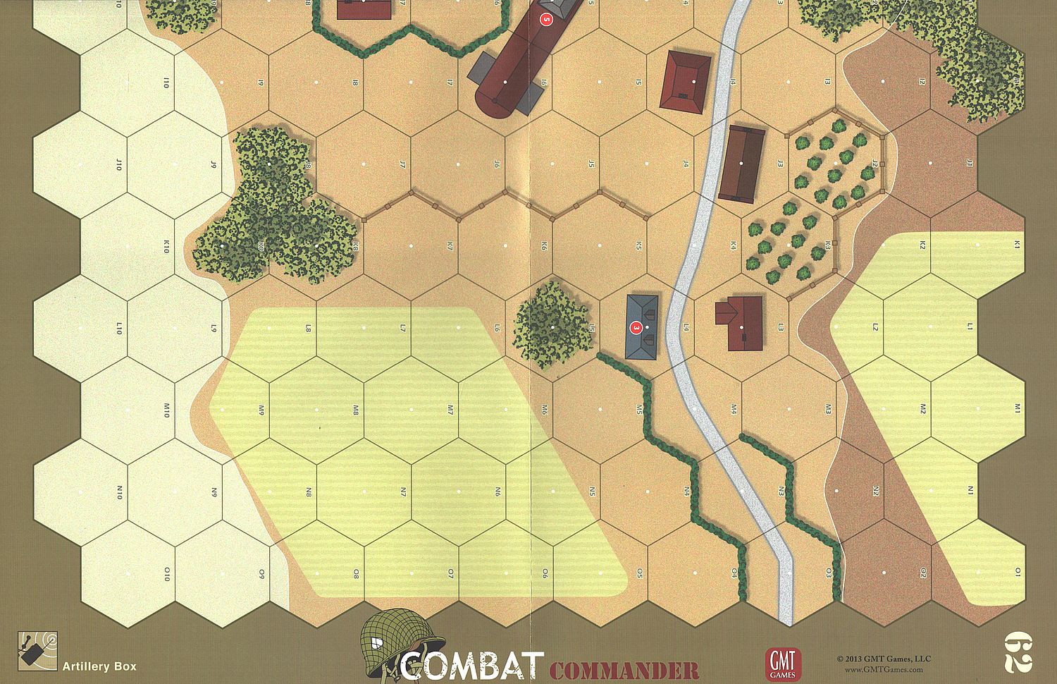 Close-up of counters, cards, and hex-based maps