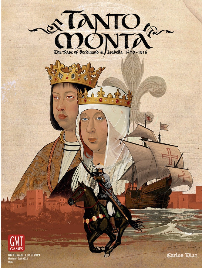 Tanto Monta The Rise of Ferdinand Isabella 1470-1516 board game box featuring king and queen sailing ship and mounted archer