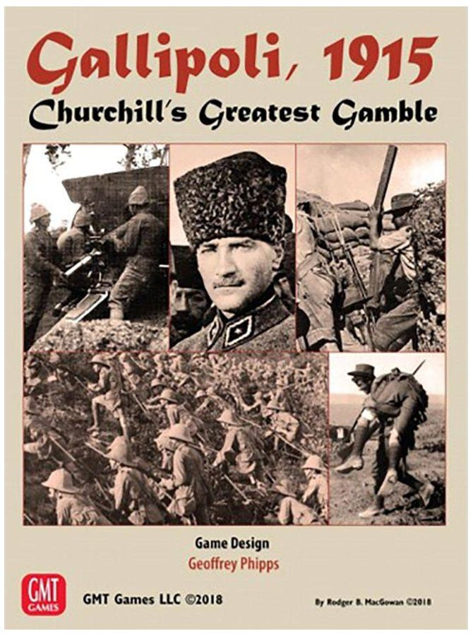 A sepia-toned board game cover for "Gallipoli, 1915" features a collage of WWI soldiers fighting, a military leader, and a wounded soldier