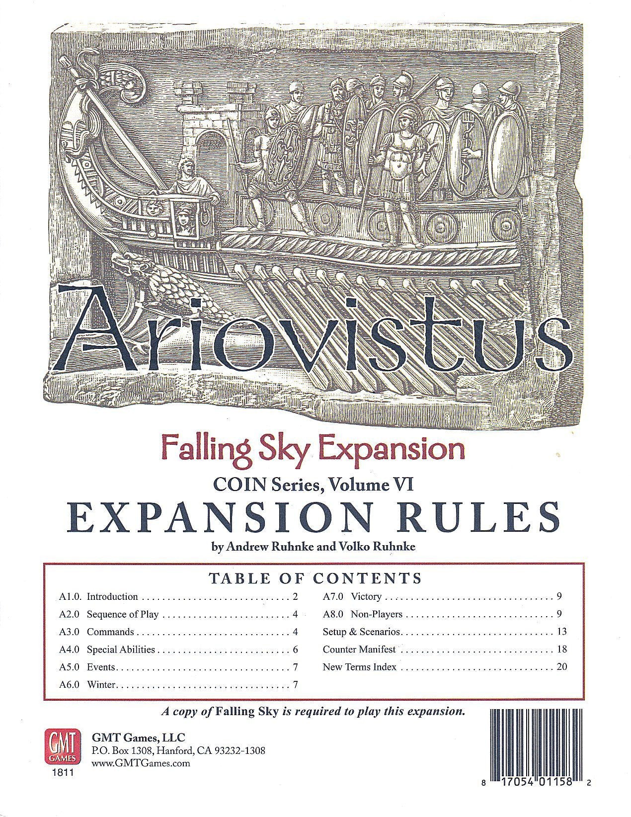 Ariovistus Falling Sky Expansion board game rulebook featuring an illustration of a Roman ship with soldiers