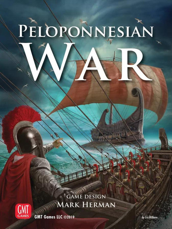 Peloponnesian War game cover: Ancient Greek triremes clash on a stormy sea, warriors with spears and shields ready for battle, one points ahead