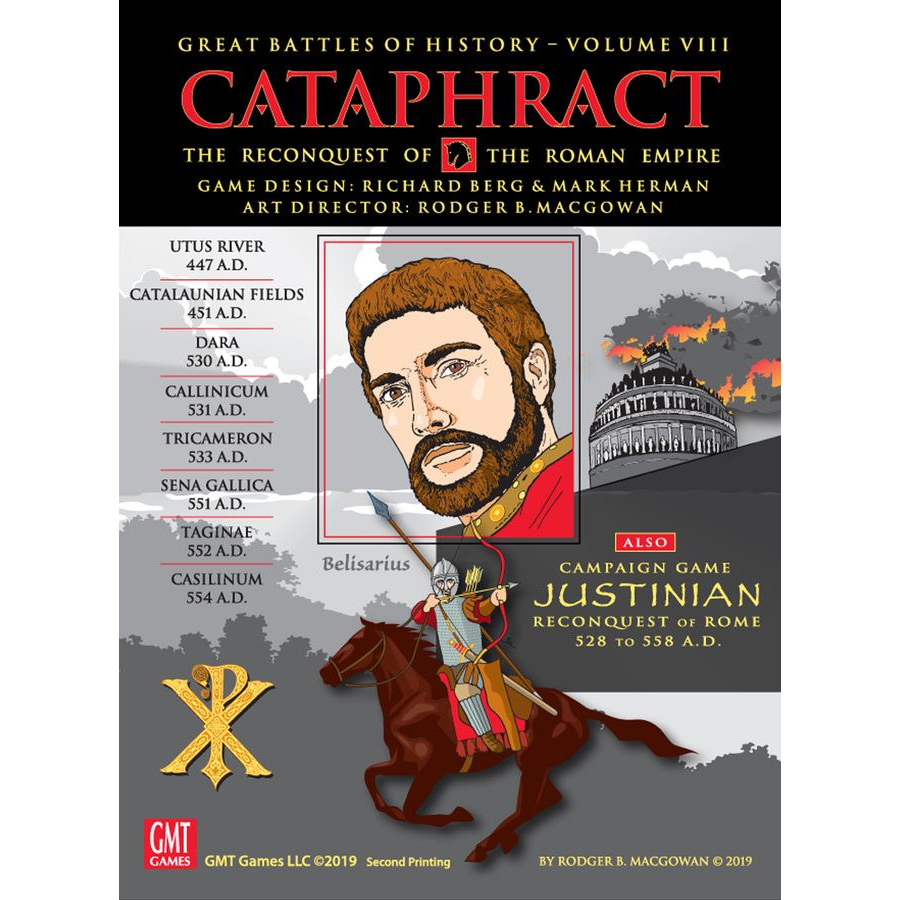 Cataphract The Reconquest of the Roman Empire board game cover featuring Belisarius and a burning Roman building with battle details