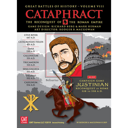 Cataphract The Reconquest of the Roman Empire board game cover featuring Belisarius and a burning Roman building with battle details