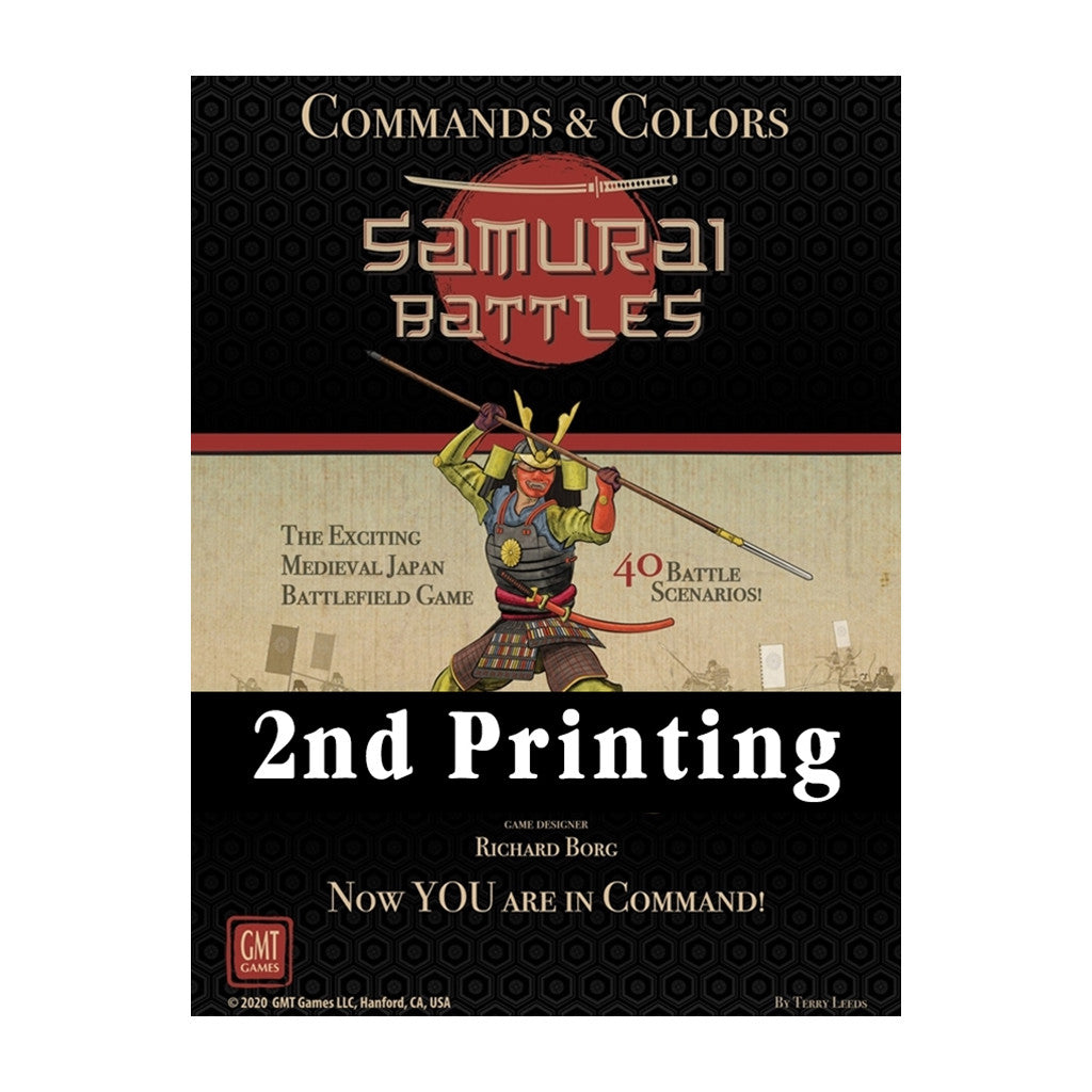 The Commands & Colors Samurai Battles 2nd Printing game cover depicts a samurai in yellow and red armor with a spear, surrounded by text including '40 Battle Scenarios' and 'GMT Games'