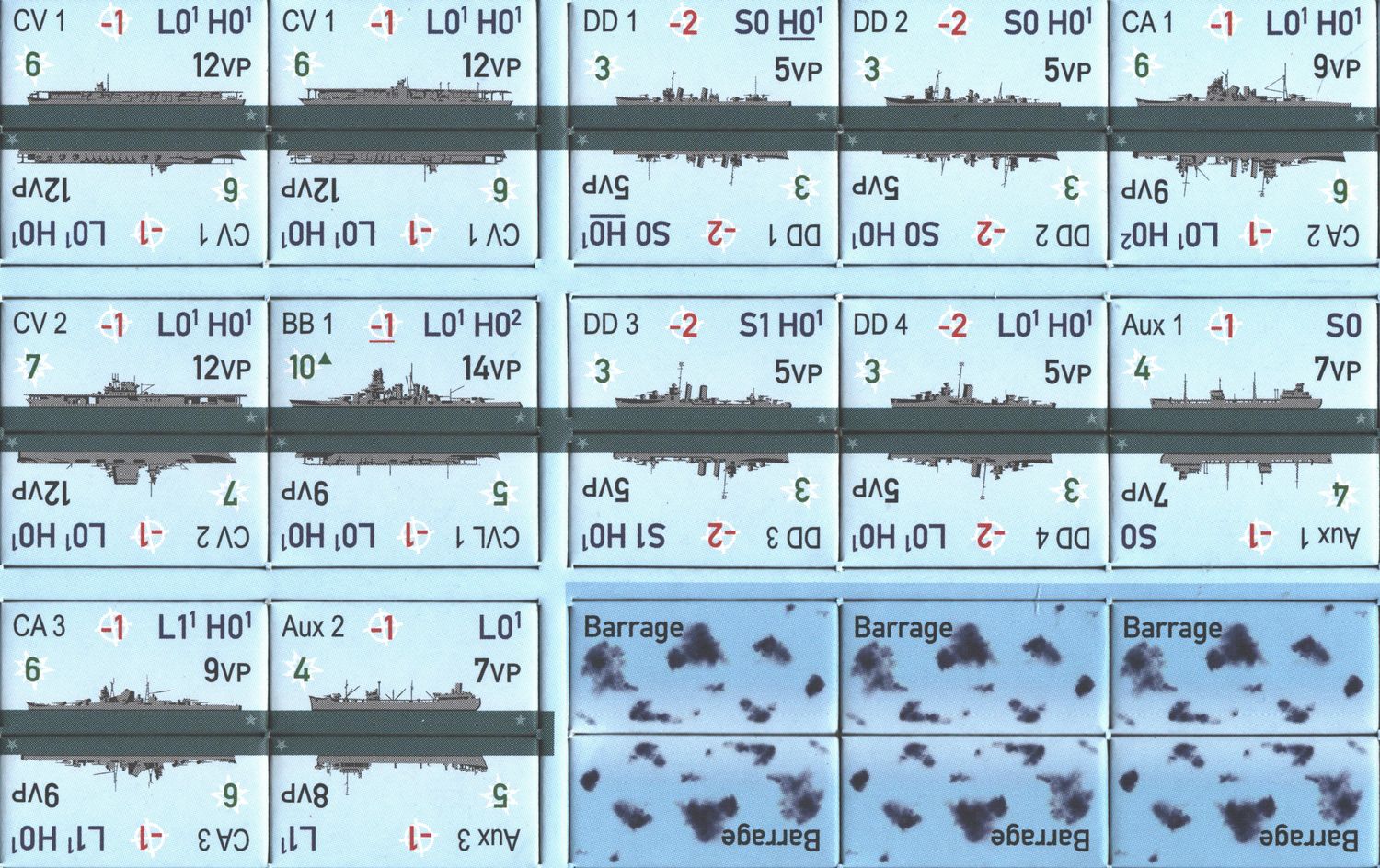 Close-up of warship counters and formation cards laid out for play