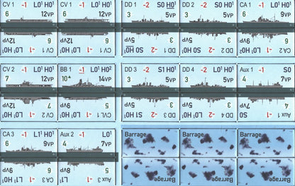 Close-up of warship counters and formation cards laid out for play
