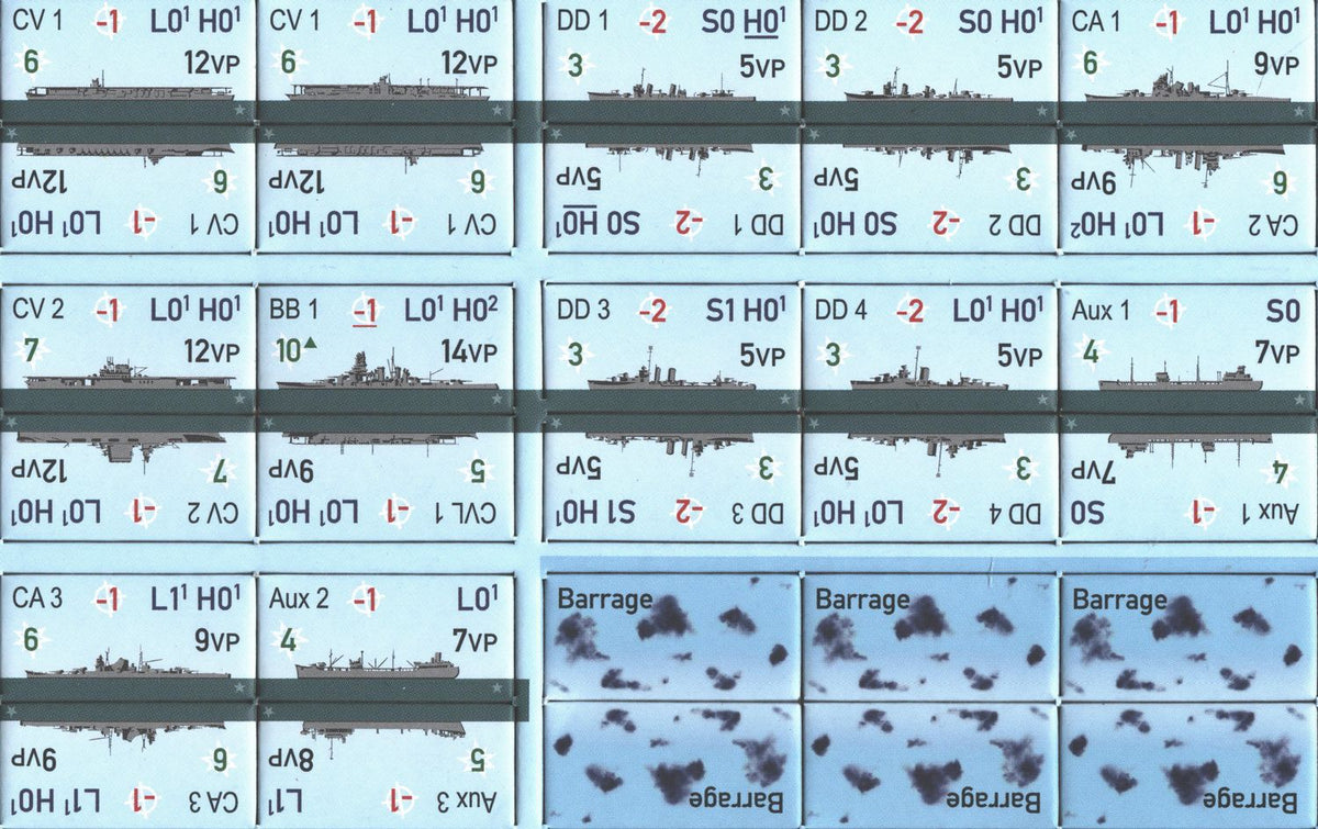 Close-up of warship counters and formation cards laid out for play