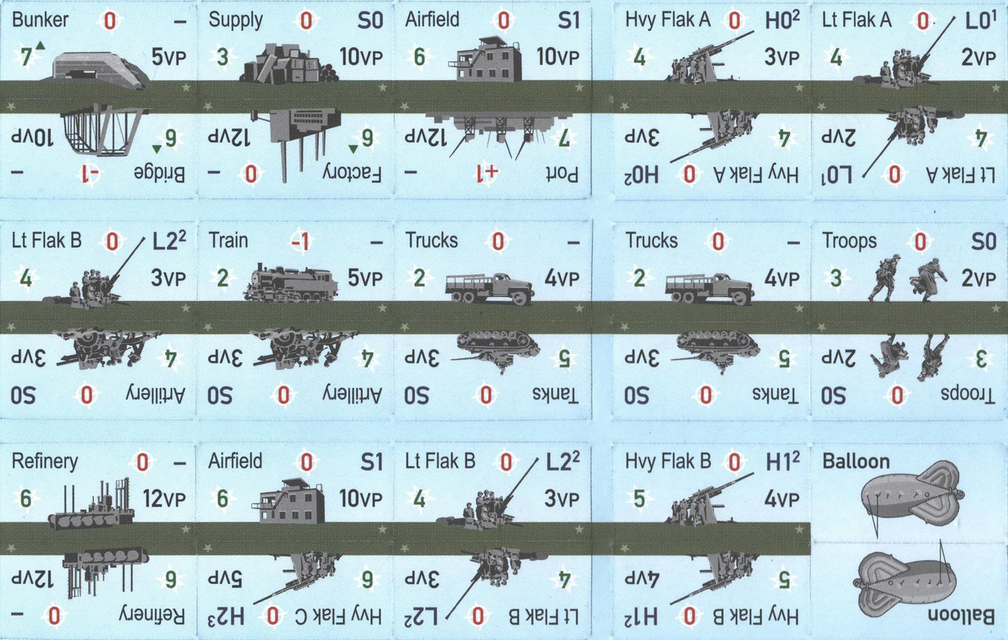 Close-up of trucks and troops counters and formation cards laid out for play