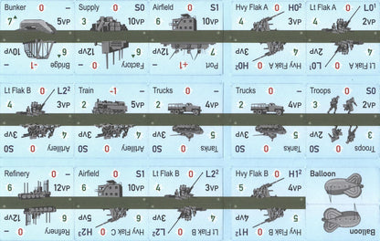 Close-up of trucks and troops counters and formation cards laid out for play
